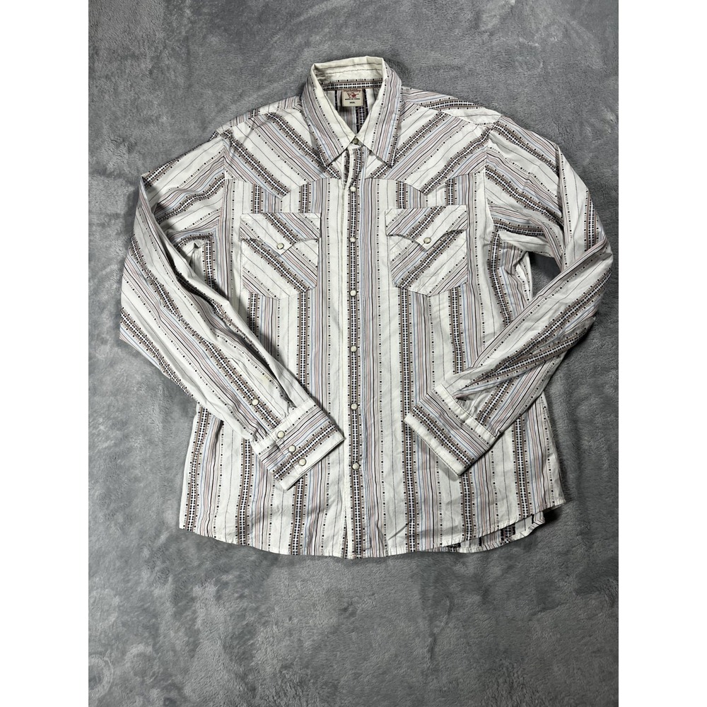 TRUE RELIGION Western Shirt Men's 3XL Pearl Snaps LS Pink Brown Stripe USA